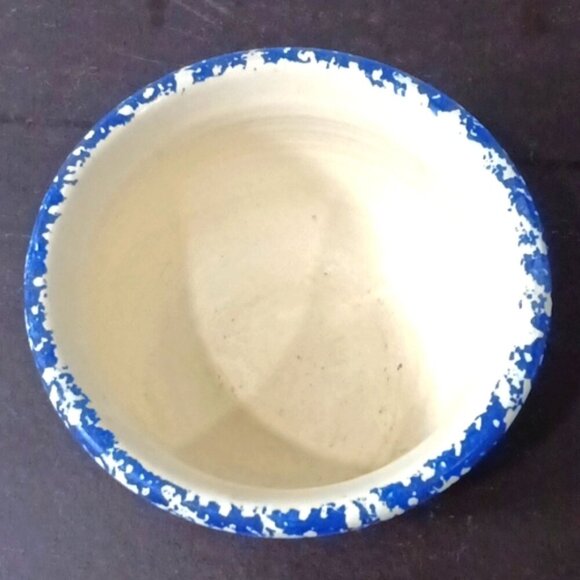 Blue Spongeware Popcorn Bowl w/ "for Sharing' Written on Bowl 6.5" Diameter - Picture 3 of 5